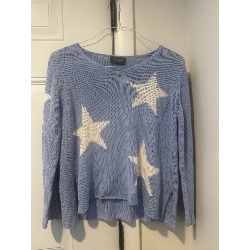 Wooden Ships Paola Buendia Women's Blue Knit sweater White Stars Sz S/M